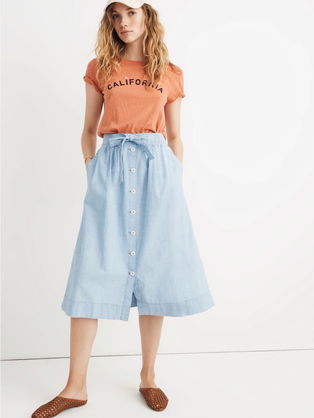 Madewell Tie Palisade Button-Front Midi Skirt in Chambray